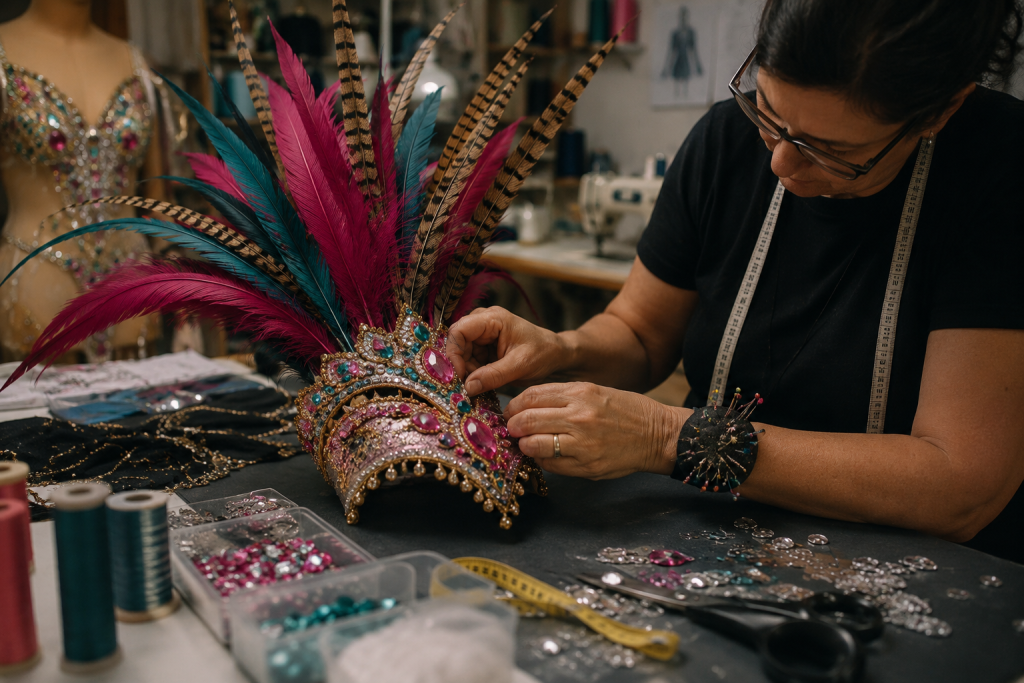 Proceso de creación artesanal de un diseño para Carnaval, combinando costura, creatividad y elaboración de complementos en el taller de Riverolitas en Tenerife.