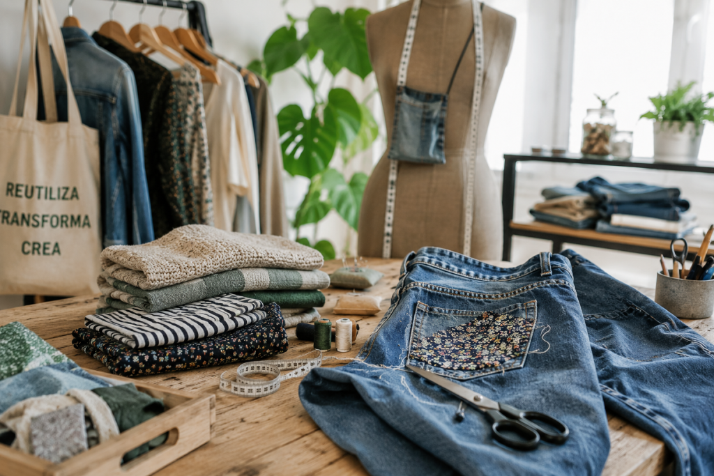Espacio de trabajo dedicado a la reutilización y transformación textil, con prendas, tejidos y materiales preparados para crear nuevas piezas y dar una nueva vida a lo que ya existe.