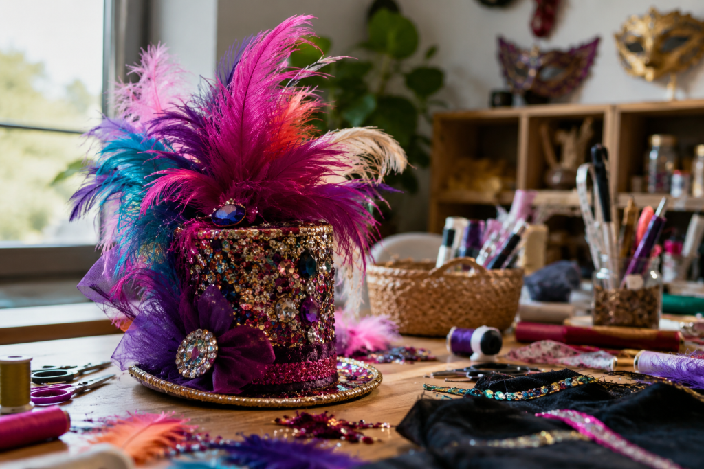 Complemento de Carnaval decorado con plumas, lentejuelas y pedrería en un taller de creación artesanal